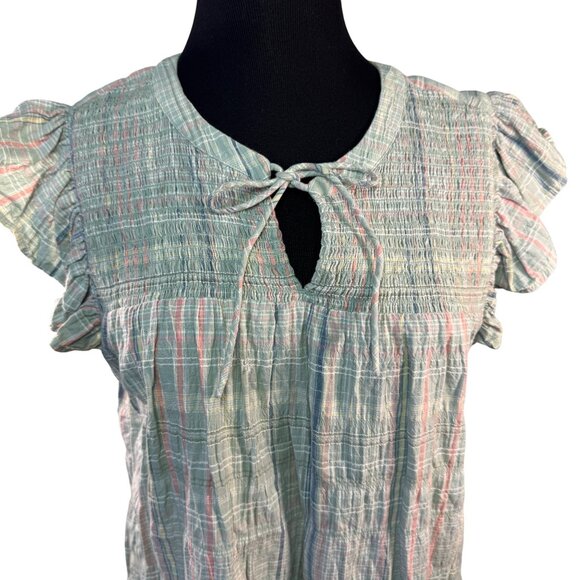Loft Womens Size Small Ruffled Sleeve Plaid Top With Keyhole Neck - Picture 2 of 7
